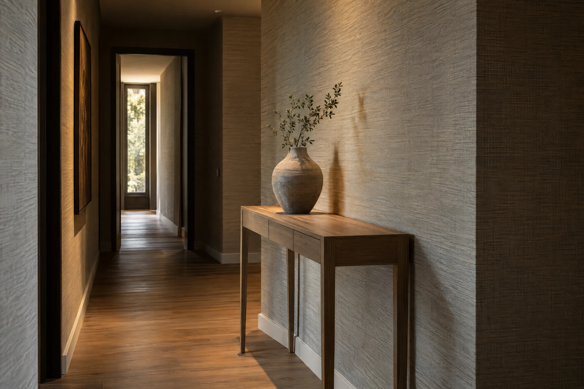 Quiet hallway with hand-applied textured wallpaper and oak console