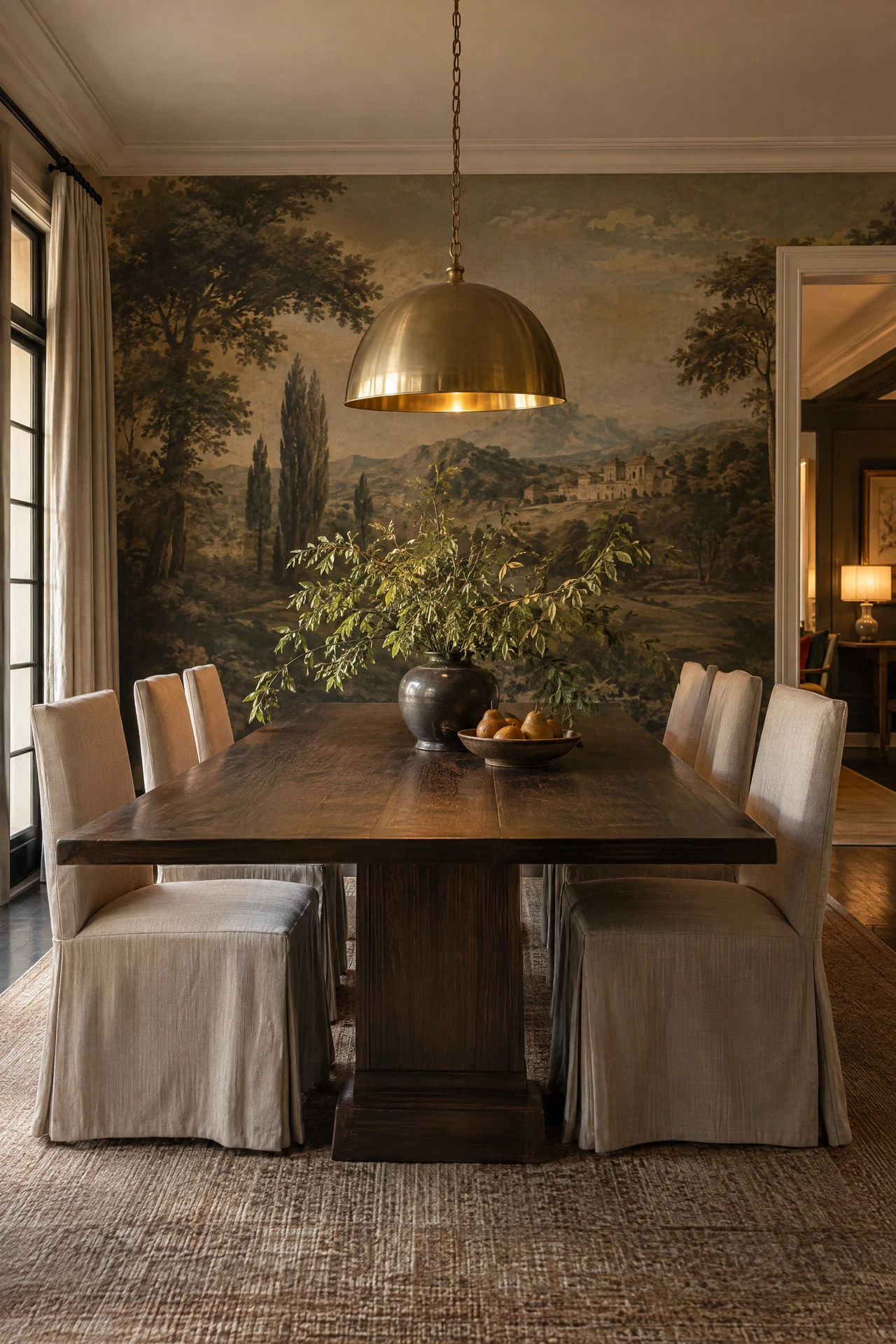 Dining room with a dramatic mural accent wall
