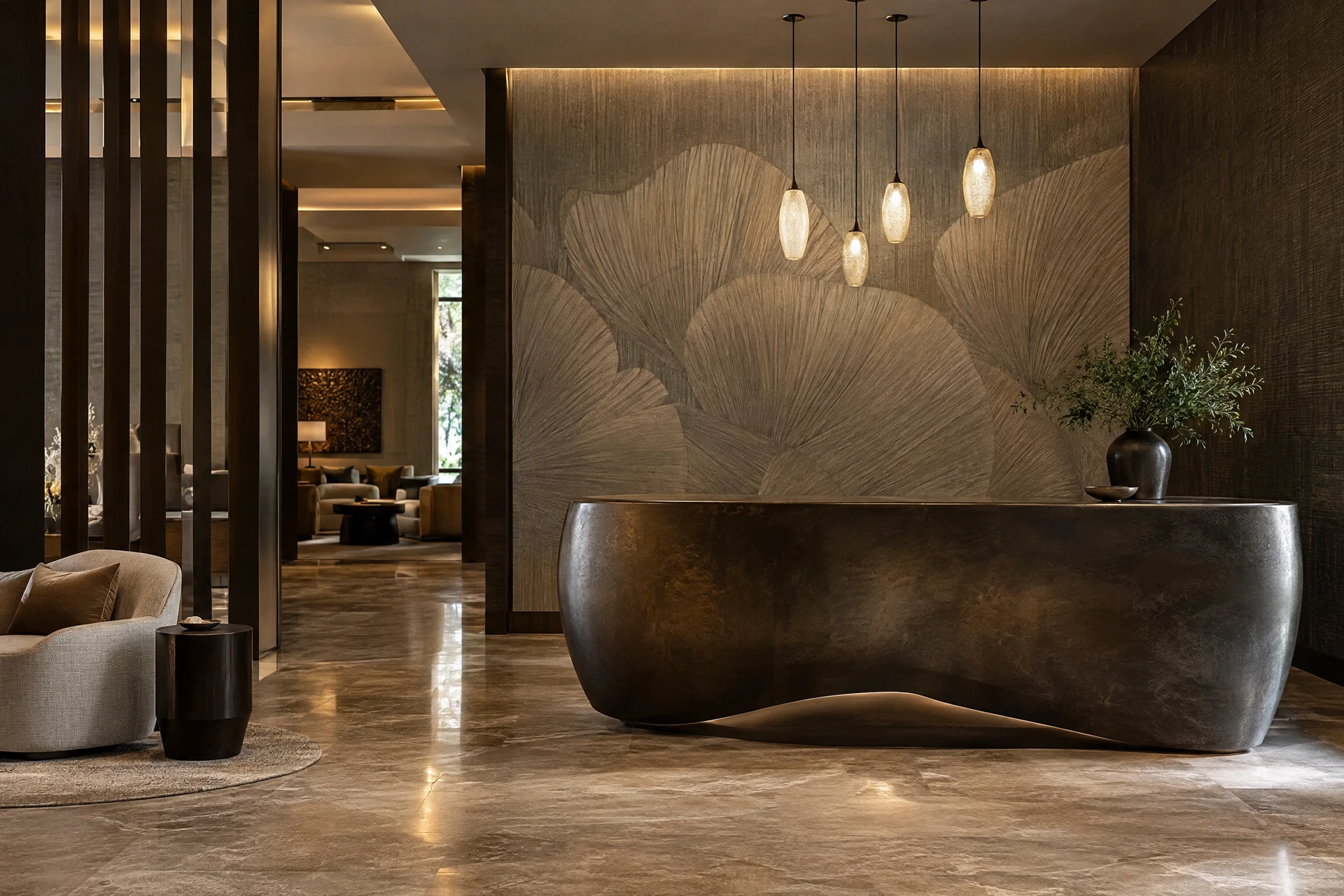 Boutique hospitality lobby with textured wallcovering
