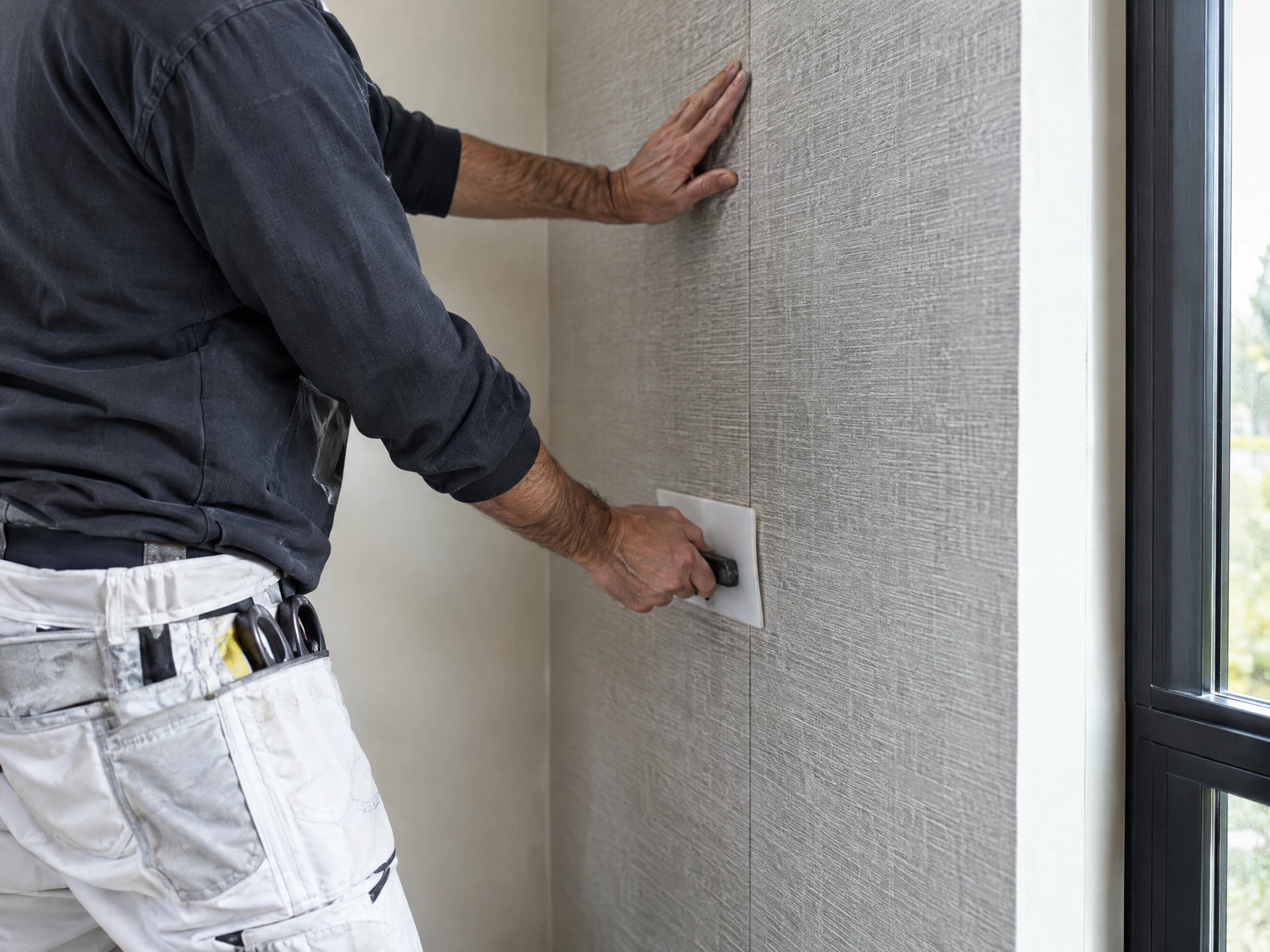 Installer smoothing textured wallpaper beside a window