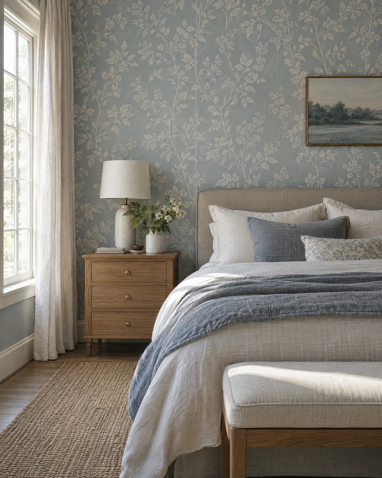 Bedroom with soft blue-gray botanical wallpaper