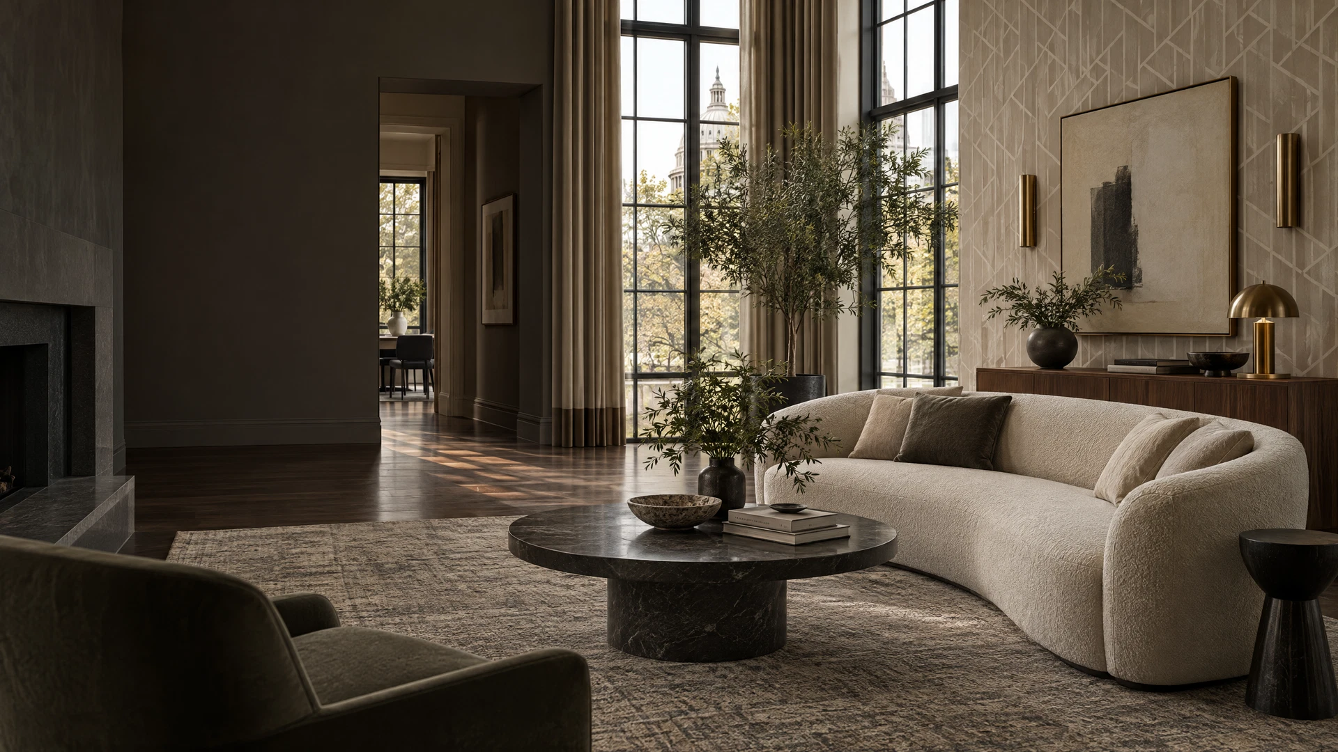 Elegant living room with refined wallpaper and warm natural light